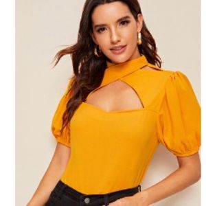 Cutout Neck Puff Sleeve Top